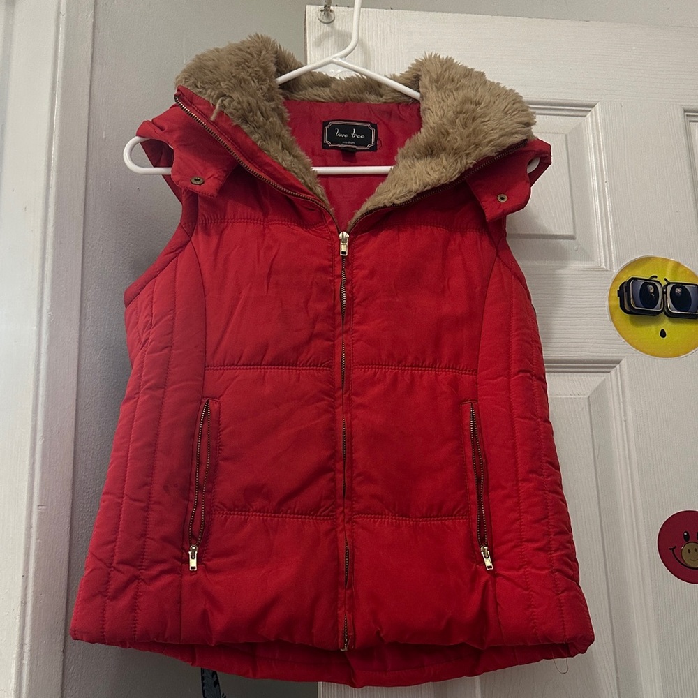 Love Tree Red Puffer Vest with Faux-Fur Hood